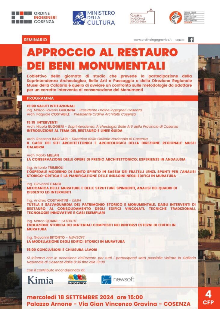 Seminario “APPROCCIO AL RESTAURO DEI BENI MONUMENTALI” – 18/09/24 presso Palazzo Arnone (CS)